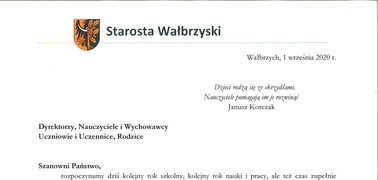 List Starosty Wałbrzyskiego do Uczniów, Nauczycieli i Rodziców